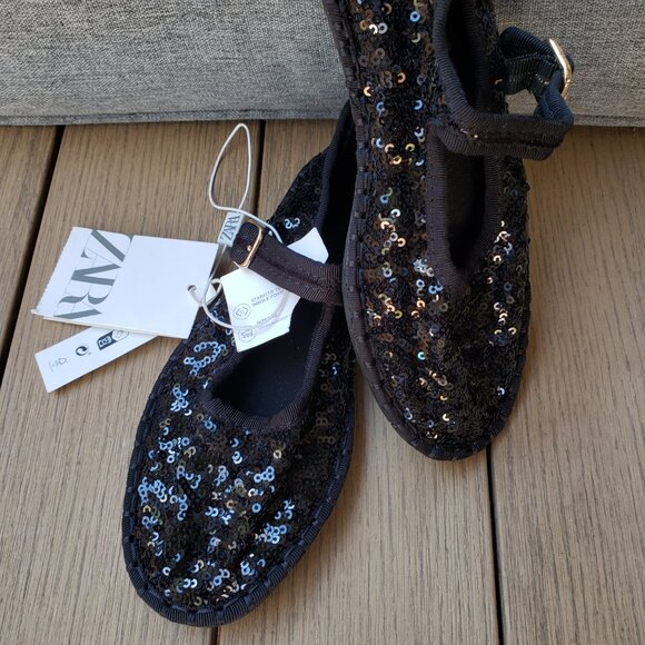 BNWT ZARA Mary Jane sequin jet black flats (30 - US 12 1/2) - Picture 8 of 9